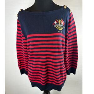 Lauren Jeans Company red/navy blue striped knit sweater gold women's size XL